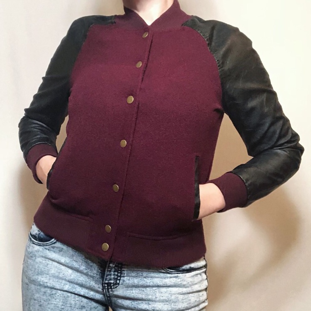Forever 21 burgundy + black varsity bomber jacket
